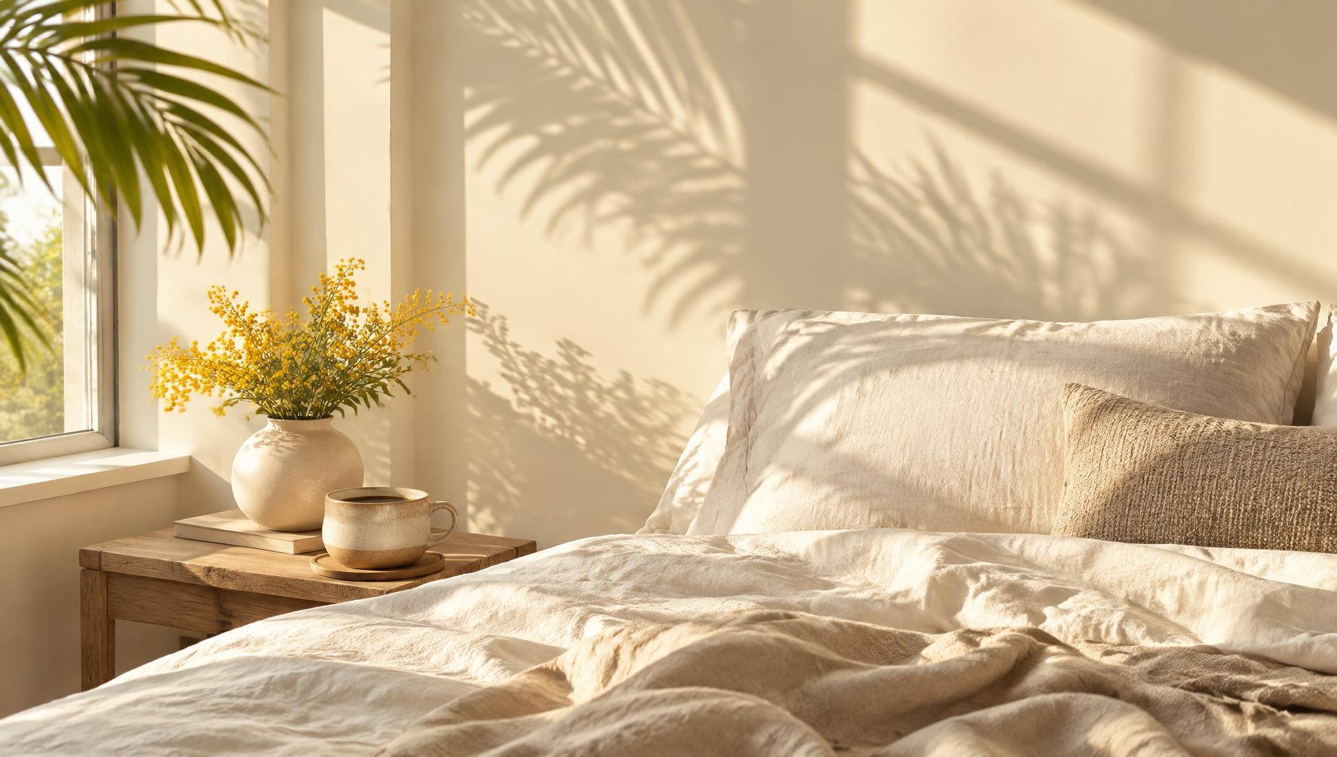 Sunny bedroom with coffee and yellow flowers