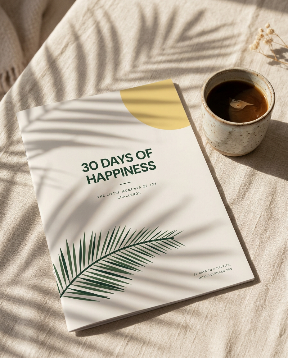30 Days of Happiness ebook on cream linen with coffee